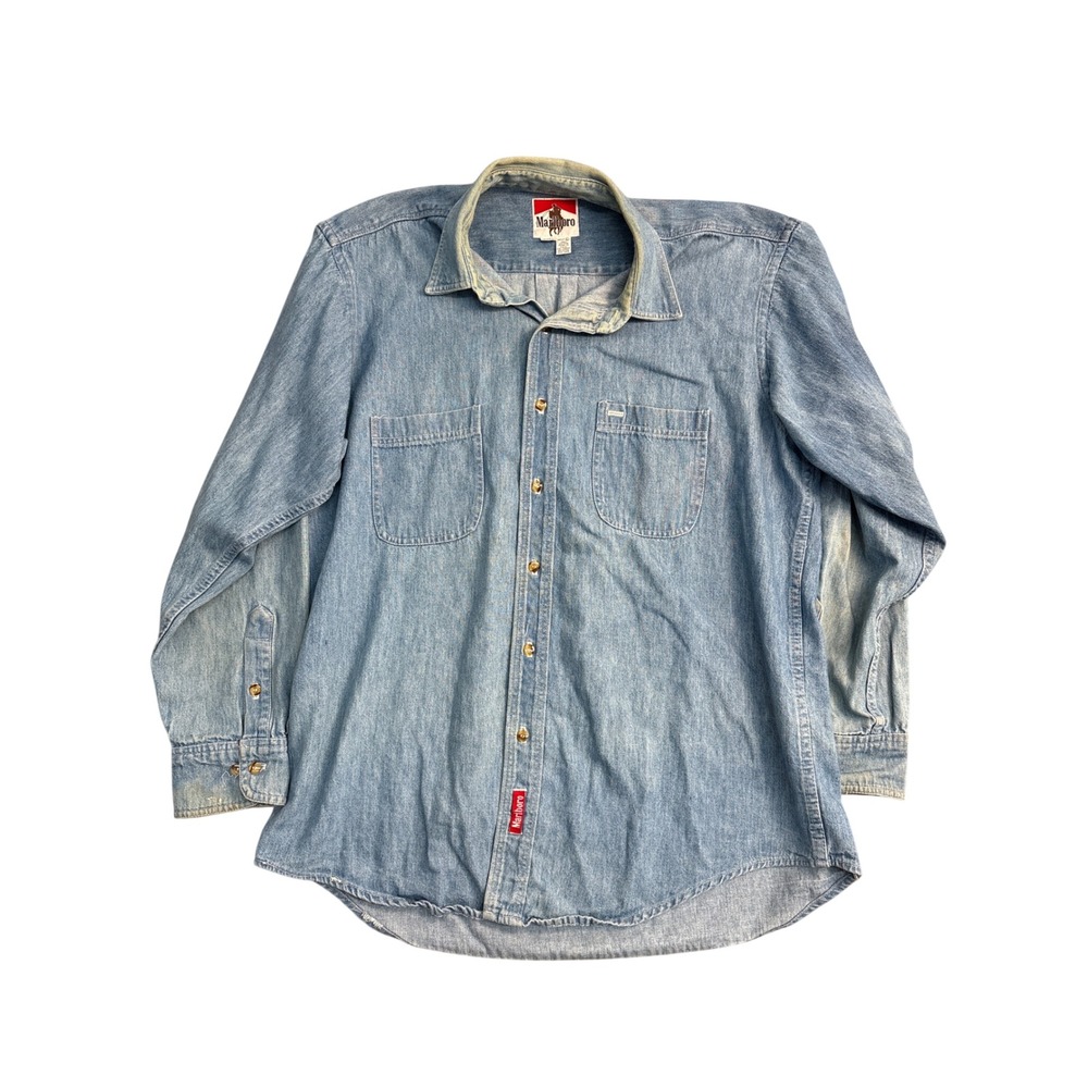 Vintage Marlboro Country Store Denim Shirt Mens Large Blue Cotton Made in USA
